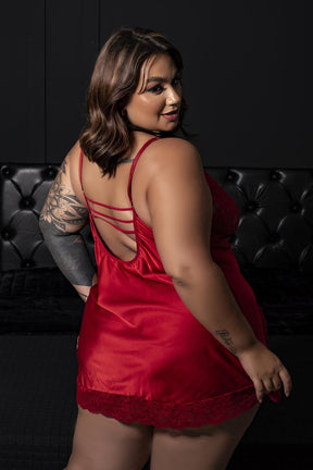 CAMISOLA PLUS SIZE CETIM E RENDA COM STRAPPY BRA NA FRENTE E NAS COSTAS