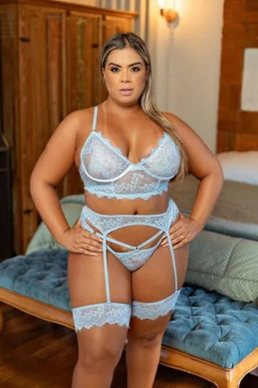 CONJUNTO PLUS SIZE CROPPED RENDADO SEM BOJO CALCINHA COM FRASE "TODA SUA"