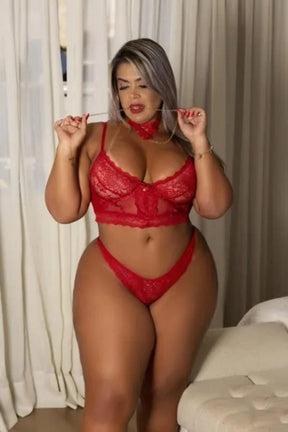 CONJUNTO PLUS SIZE SENSUAL CROPPED RENDADO SEM BOJO