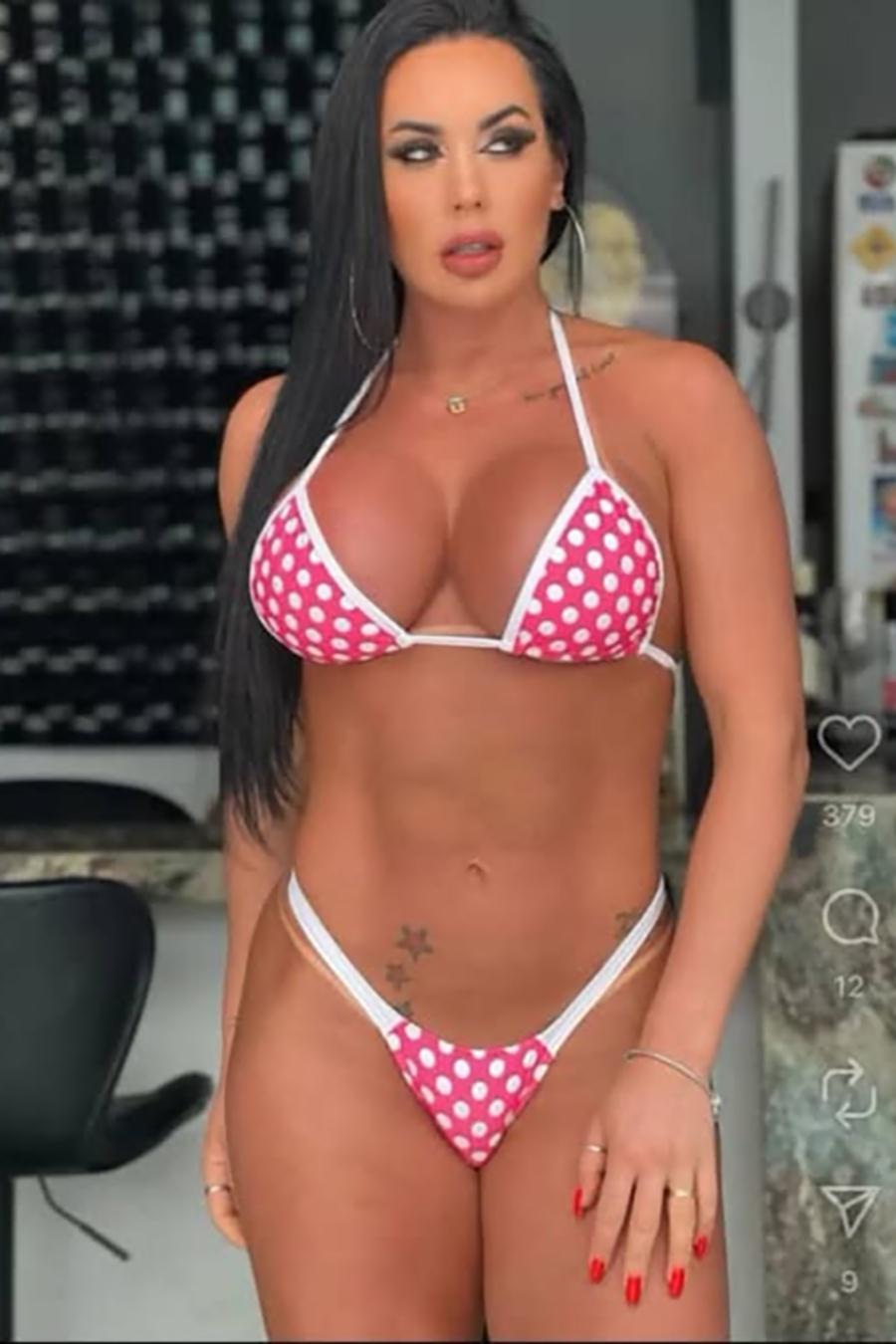 BIQUINI DE FITA BOLINHAS BRANCAS COM ROSA