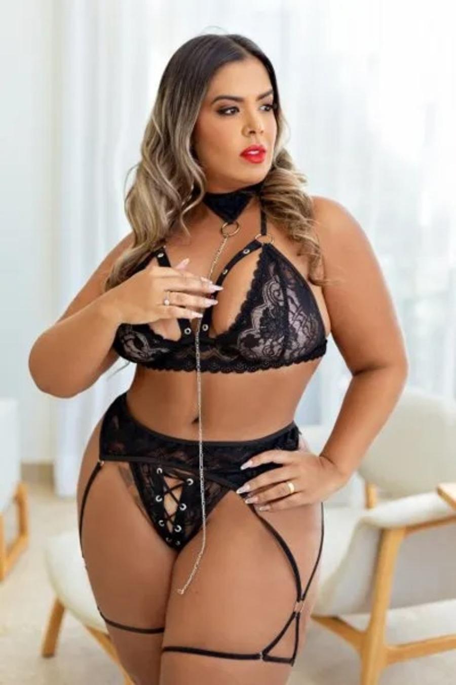 FANTASIA PLUS SIZE ERÓTICA MENINA VENENO TOP E CALCINHA SENSUAL COM CINTA LIGA