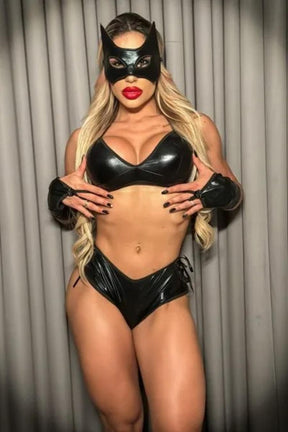 FANTASIA EROTICA MULHER GATO COM MASCARA E LUVAS