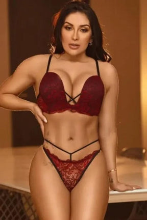 02004 CONJUNTO DE LINGERIE BOJO COM DECOTE PROFUNDO E CALCINHA FIO CHOCOLATE