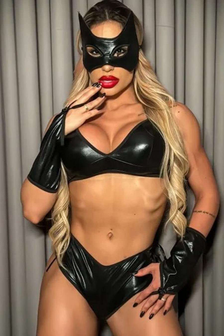 FANTASIA EROTICA MULHER GATO COM MASCARA E LUVAS