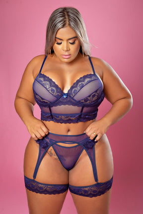 CONJUNTO PLUS SIZE SENSUAL CROPPED COM BOJO E CINTA-LIGA