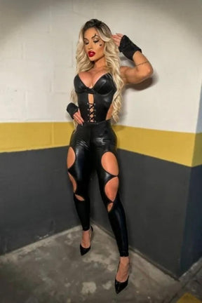 FANTASIA EROTICA MOTOQUEIRA SELVAGEM BODY SENSUAL COM ILHOS E LUVAS SEXY